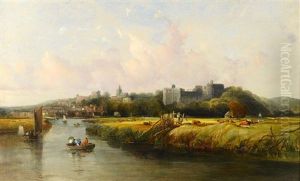 View Of Arundel Castle With Boats On A River, Cattle And Buildings by Alfred Clint