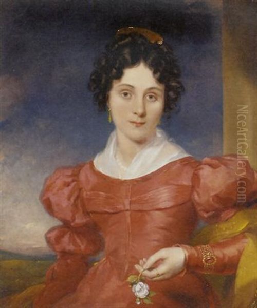 Portrait Of A Lady In A Red Dress With A Pearl Necklace, Jeweled Gold Bracelet And Ring, And A White Rose In Her Hand, By A Column In A Landscape - view 1