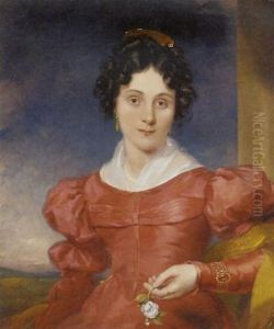 Portrait Of A Lady In A Red Dress With A Pearl Necklace, Jeweled Gold Bracelet And Ring, And A White Rose In Her Hand, By A Column In A Landscape