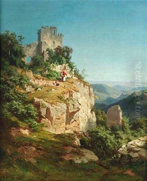 Blick Auf Die Burgruine Reusentstein Im Sonnenschein. Eine Junge Familie Genies Den Ausblick Ins Tal - view 1