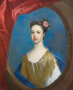 Portrait Of A Girl, Half-length, In A Yellow Dress, Within A Draped Stone Cartouche by John Closterman
