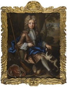 Portrait Of A Boy Seated In A Landscape, With A Spaniel And A Flintlock by John Closterman