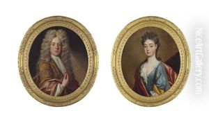 Portrait Of A Gentleman, In An Ochre Coat, With A Red Mantle And Stock; And Portrait Of A Lady, In A Blue Dress With Gold Lining And A Red Wrap (pair) by John Closterman