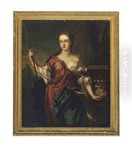Portrait Of Elizabeth, Lady Fitzwalter, In The Guise Of Diana, In A Rust Dress And White Chemise, With A Blue Wrap, A Spear In Her Right Hand, With A Hound In A Landscape by John Closterman