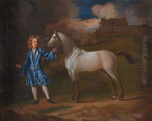 Portrait Of A Gentleman Holding A Grey Horse - view 1