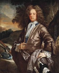 Portrait Of William Paul Of Bray, Berkshire (1673-1711), Three-quarter-length, With His Dog And A Gun by John Closterman