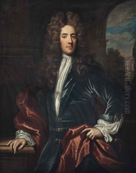 Portrait Of A Gentleman, Half-length, In A Blue Coat With Buckles And A Red Wrap, By A Table, A Park Landscape Beyond - view 1