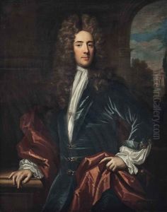 Portrait Of A Gentleman, Half-length, In A Blue Coat With Buckles And A Red Wrap, By A Table, A Park Landscape Beyond by John Closterman