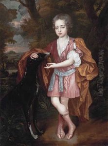 Portrait Of A Boy, Full-length, In Classical Dress, With A Greyhound, A Wooded Landscape Beyond