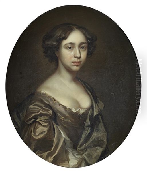 Portrait Of A Gentleman, Half-length, In A Brown Brocade Mantle And A White Lace Jabot; And Portrait Of A Lady, Half-length, In A Purple Silk Dress (pair) - view 1