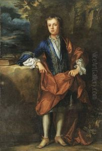 Portrait Of A Boy (marquess Of Blandford?) In A Blue Coat With Silver Embroidery And A White Shirt, With An Orange Wrap, Leaning On A Stone Ledge, In A Landscape