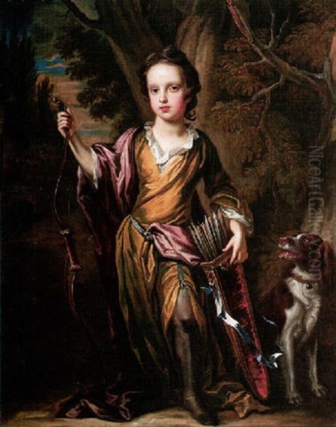 Portrait Of David Papillon In A Landscape, With A Hound, Wearing Yellow And Red Robes, Holding A Quiver Of Arrows And A Bow - view 1