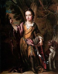Portrait Of David Papillon In A Landscape, With A Hound, Wearing Yellow And Red Robes, Holding A Quiver Of Arrows And A Bow