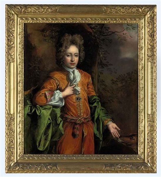 Portrait Of A Boy In Eastern Dress, In A Wooded Landscape, With A Hound - view 1
