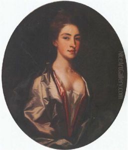 Portrait Of A Lady Wearing A White And Red Decollete Silk Dress And A Blue Shawl