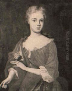 Portrait Of A Young Woman Wearing A Red Dress Holding A Bunch Of Flowers by John Baptist Closterman