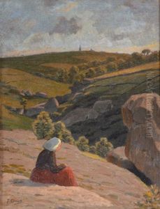 Bretonne Assise Devant Un Paysage by Albert Clouard