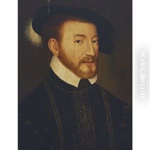 Portrait Of A Middle-aged Nobleman, Head-and-shoulders  With Blonde Hair, Short Cut Whiskers, Wearing A Black Beret Cap With White Feather Against A Dark Brown Background, The Sitter"s Eyes Looking Out Towards The Viewer