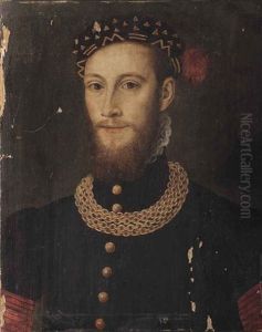 Portrait Of A Bearded Gentleman, Bust-length, In A Black Coat With Gold Buttons And Chain, Wearing A Black Feathered Cap With Gold Embroidery by Francois Clouet