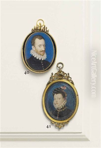 A Gentleman In Black Doublet With Gold Buttons, White Ruff; Blue Background With Gold Border - view 1