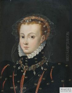 Bildnis Einer Jungen Frau In Dunklem Kleid Mit Spitzenkragen. Sie Tragt Eine Ferroniere Und Ein Steinbesetztes Goldcollier Mit Perlenanhangern