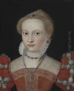 Portrait Of A Lady, Bust-length, In A Jewel-encrusted Red Dress With A Pearl Headdress by Francois Clouet