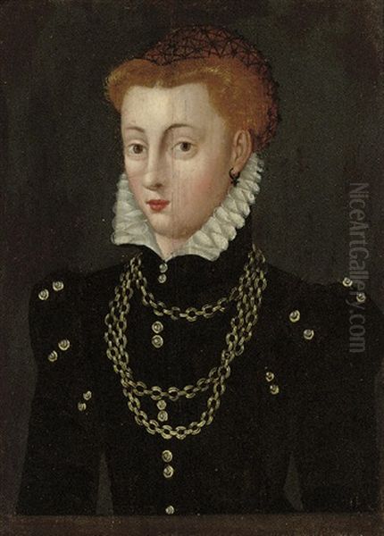 Portrait Of A Lady (mary Queen Of Scots?) In A Black Dress And White Ruff With A Gold Necklace - view 1