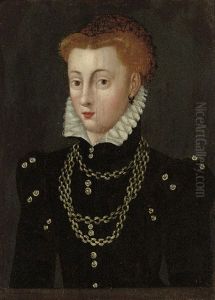 Portrait Of A Lady (mary Queen Of Scots?) In A Black Dress And White Ruff With A Gold Necklace by Francois Clouet
