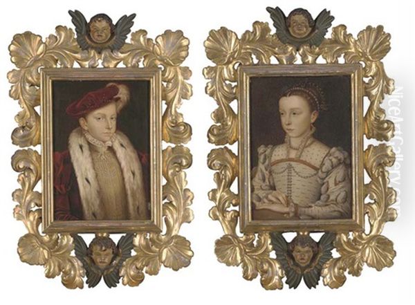 Portrait Of A Young Boy (king Edward Vi?), Small Bust-length, In An Ermine Trimmed Coat And A Red Velvet Cap (+ Portrait Of Young Girl, In A White And Gold Embroidered Dress; Pair) - view 1