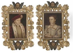 Portrait Of A Young Boy (king Edward Vi?), Small Bust-length, In An Ermine Trimmed Coat And A Red Velvet Cap (+ Portrait Of Young Girl, In A White And Gold Embroidered Dress; Pair) by Francois Clouet