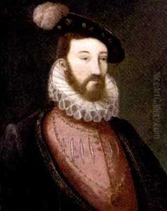 Portrait Of A Bearded Nobleman, In A Pink Slashed Doublet With Ruff And A Black Jacket, Wearing A Medallion And A Black Cap With A Plume