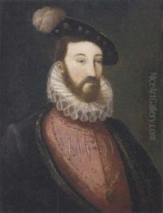 Portrait Of A Bearded Nobleman, In A Pink Slashed Doublet With A White Ruff And A Black Jacket, Wearing A Medallion And A Black Cap
