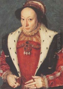 A Portrait Of A Lady Wearing A Red Dress With Lace And Gold Embroidered Collar And Sleeves, A Black Hermelin Trimmed Coat And A Headdress by Francois Clouet
