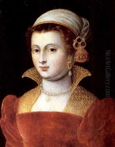 Portrait Of A Lady Wearing A Red Bodice, Pearl Necklace, Earrings And An Elaborate Headdress