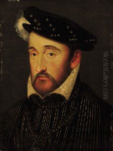 Portrait Of Henri Ii In A Gold-embroidered Black Jacket And A Black Hat With A White Plume by Francois Clouet