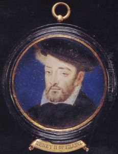 Henri Ii, King Of France, In Black Robes With White Collar, Black Cloth Hat With Feather by Francois Clouet