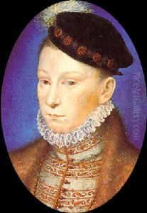 A Portrait Of King Charles Ix, Wearing Fur Cloak, Gold Embroidered White Doublet With Ruff Collar, Black Bonnet A Portrait Of King Charles Ix, Wearing Fur Cloak, Gold Embroidered White Doublet With Ruff Collar, Black Bonnet