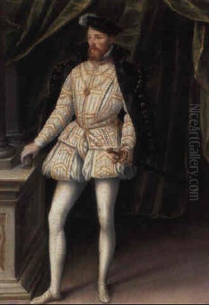 Portrait Of A Gentleman Standing By A Column With A Curtain Background - view 1