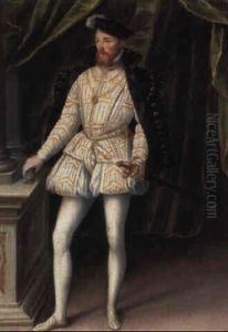 Portrait Of A Gentleman Standing By A Column With A Curtain Background by Francois Clouet