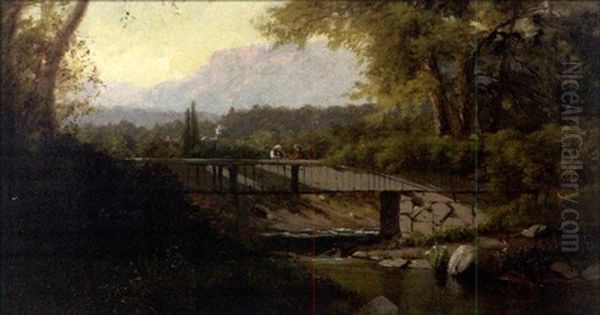 Fisherman On A Bridge Over A Stream - view 1