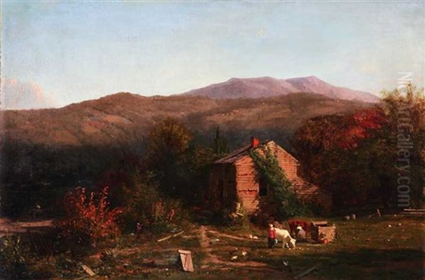 Homesteader's Cabin With Figures Milking Cows - view 1
