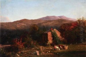 Homesteader's Cabin With Figures Milking Cows by George Lafayette Clough