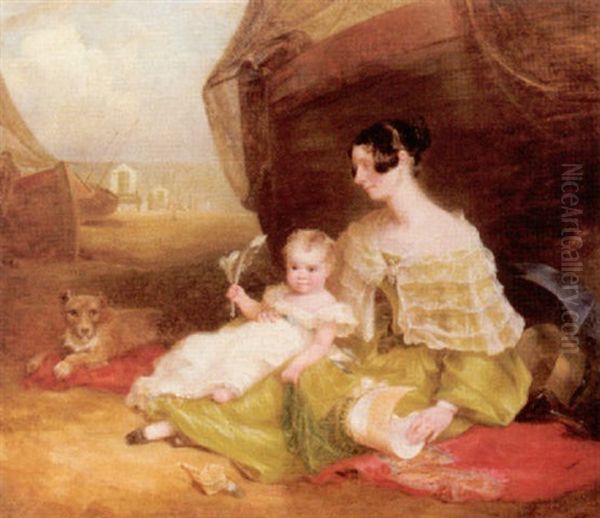Caroline Preston With A Child On A Beach At Lowestoft - view 1