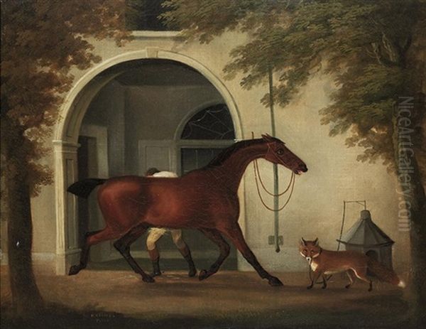 A Groom Rubbing Down A Hunter Outside A Stable, With A Fox Nearby - view 1