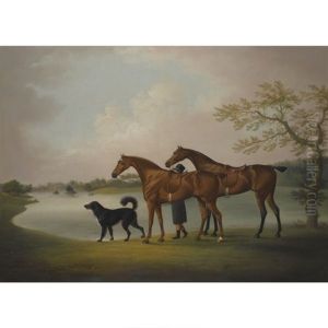 A Pair Of Hunters Held By A Groom, With A Newfoundland Dog, By A Lake