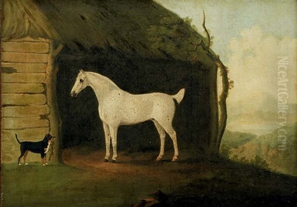 A Grey Hunter With A Terrier Before A Barn, A Landscape Beyond - view 1