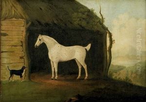 A Grey Hunter With A Terrier Before A Barn, A Landscape Beyond