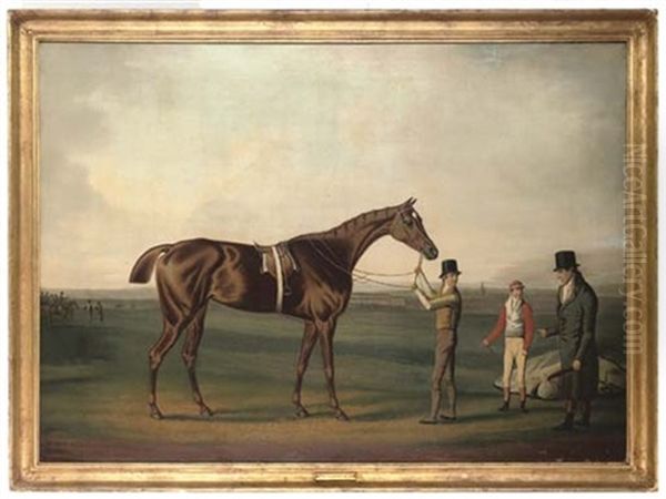 A Racehorse In An Extensive Landscape, With A Jockey, Groom And Trainer, A Racecourse Beyond - view 1