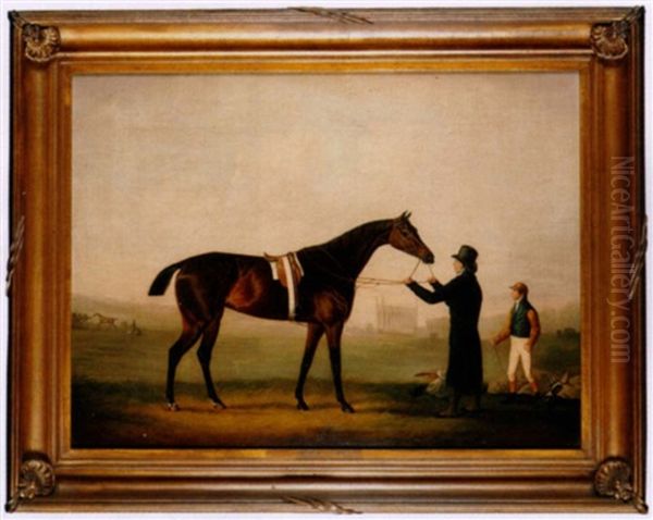 A Bay Racehorse Held By A Trainer, With A Jockey By His Side, The Chapel Of King's College, Cambridge, Beyond - view 1