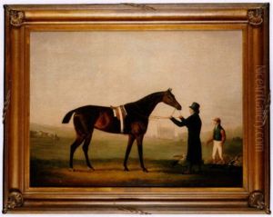 A Bay Racehorse Held By A Trainer, With A Jockey By His Side, The Chapel Of King's College, Cambridge, Beyond